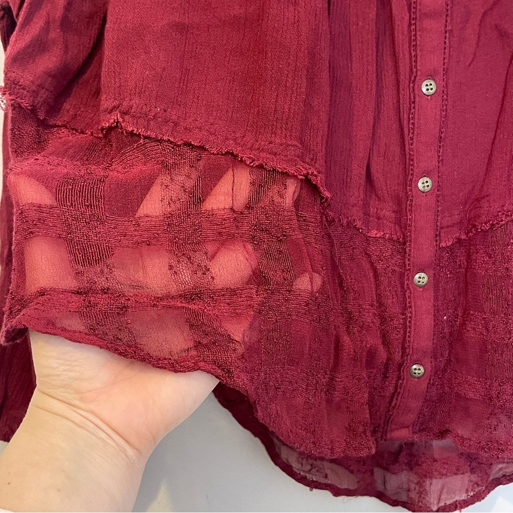 FREE PEOPLE Rainy Days Gauze Lace Oversized Boho Peasant Swing Top Burgundy M - Picture 10 of 13
